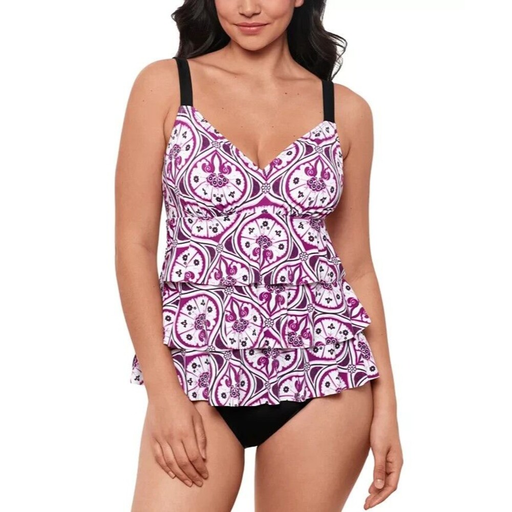 Swim Solutions Women's Printed Tiered Fauxkini One-Piece Swimsuit Purple/White10